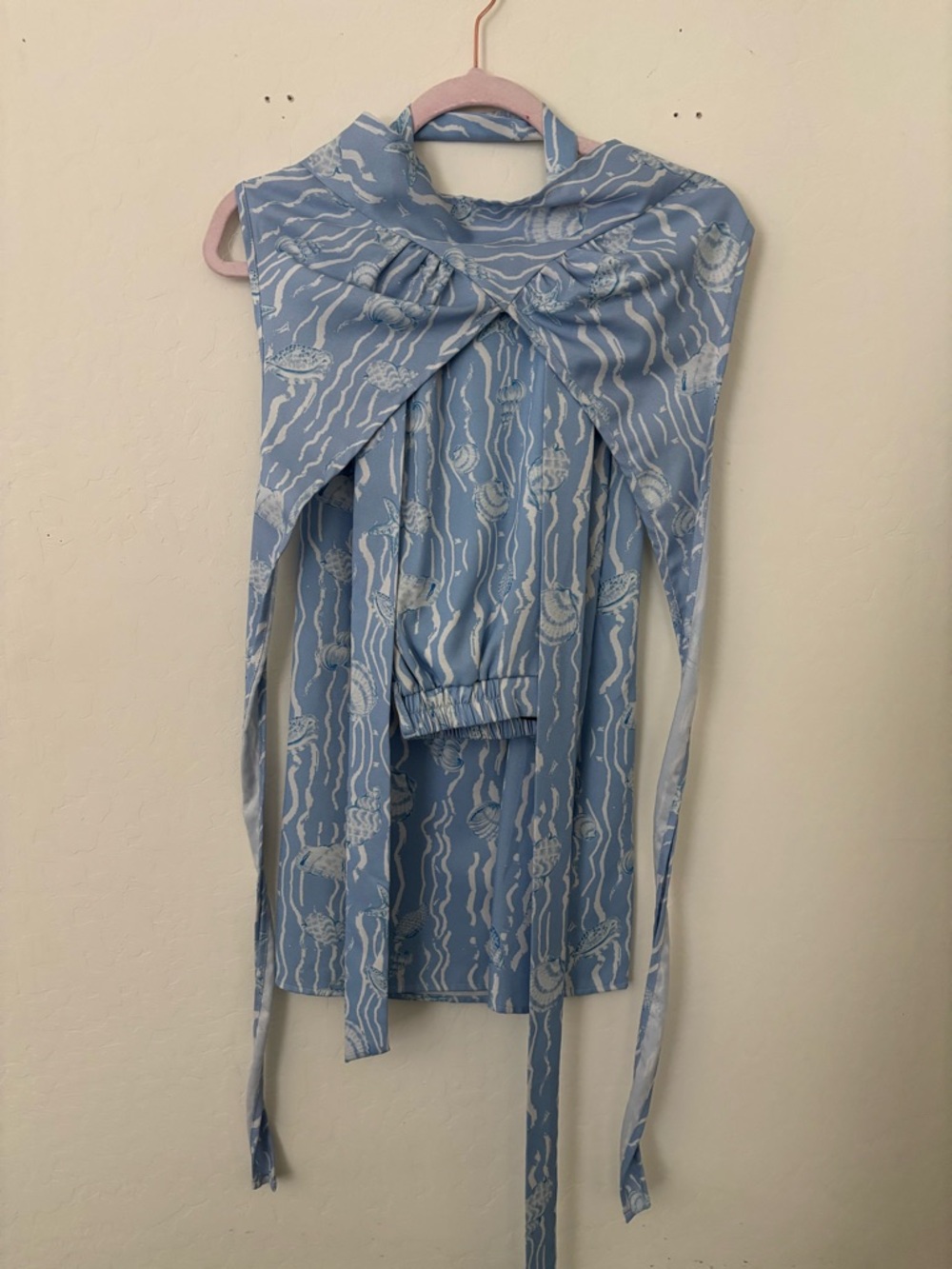 Cider XS Blue Seashell Print Halter Top & Pants Set Tie Back Co-Ord